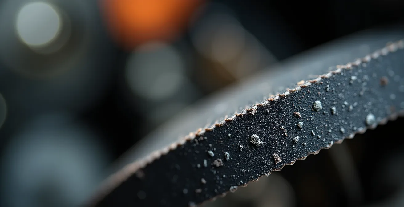Vue macro détaillée d'une courroie de distribution montrant des fissures et de l'usure