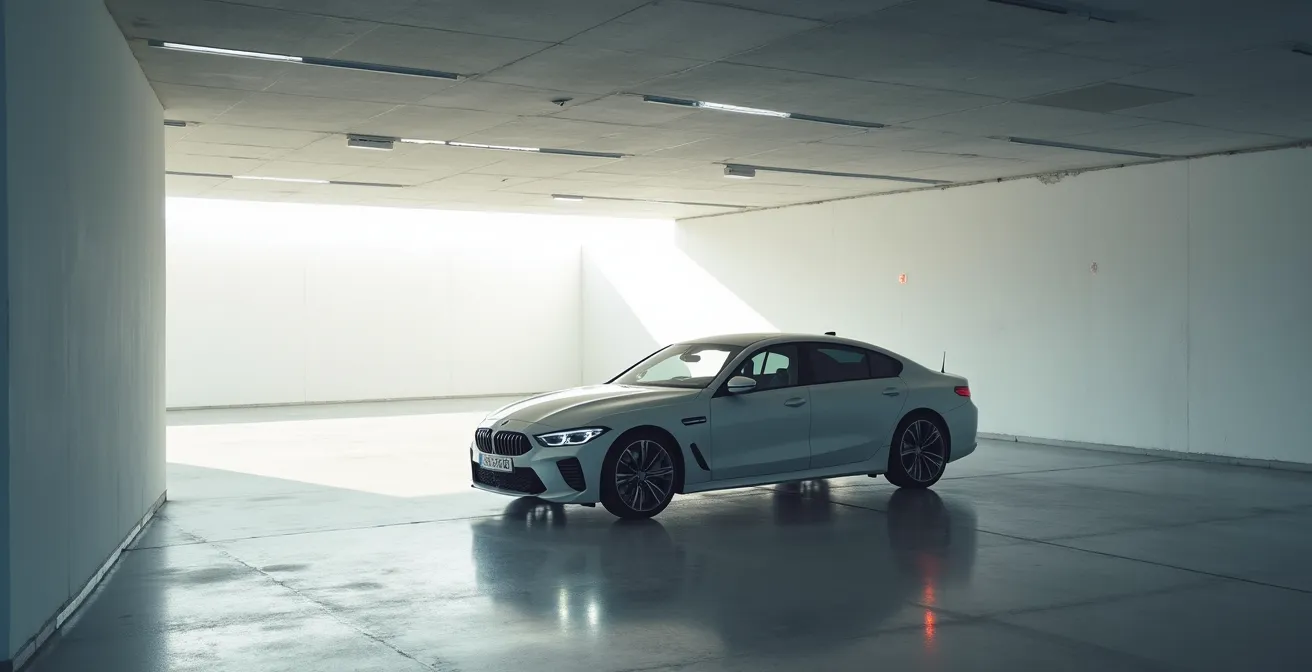Voiture stationnée dans un garage ombragé protégeant la batterie