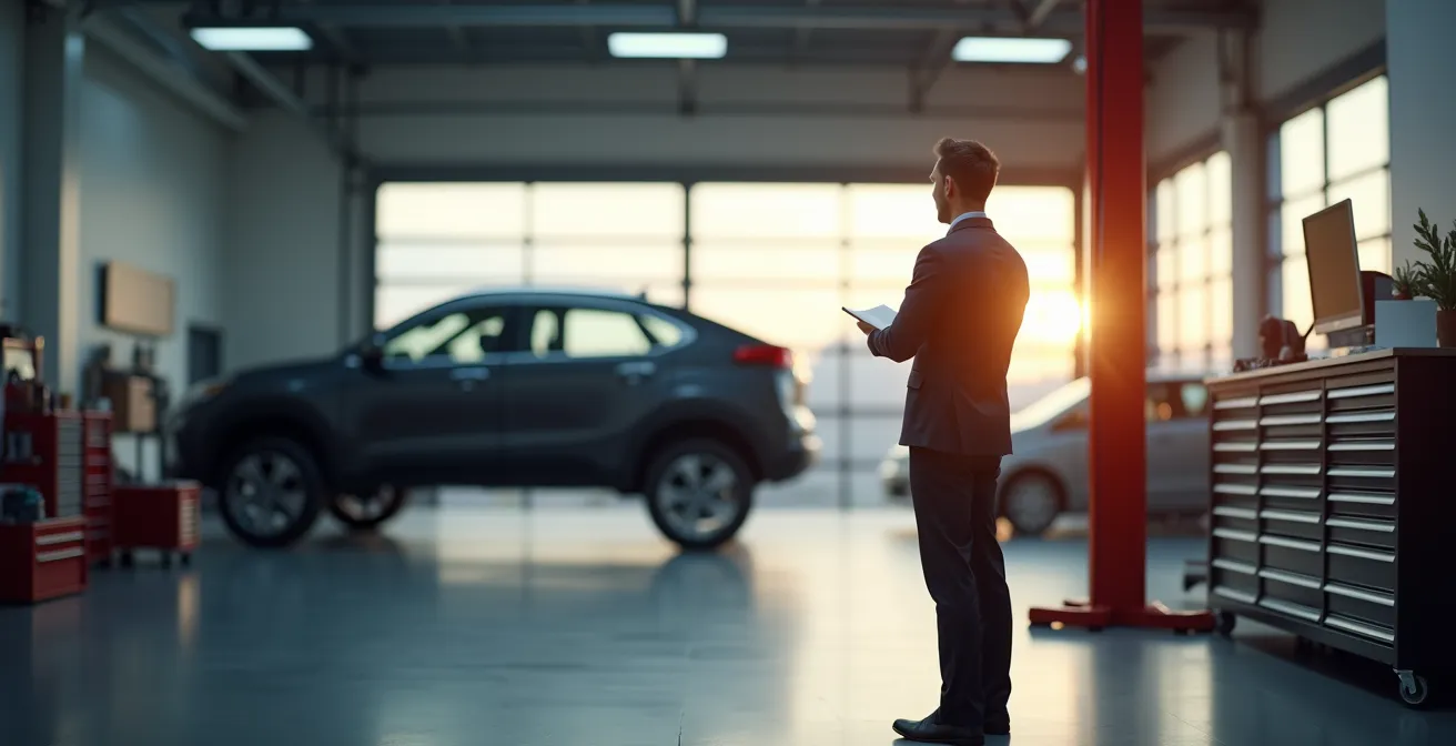 Espace de consultation client dans un garage moderne avec atmosphère professionnelle